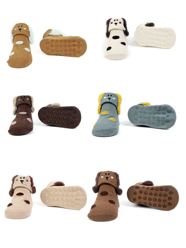 Furry Pals Baby Socks Set – 6-Pair Assortment with Plush Puppy Faces & Anti-Slip Soles-Front & Back View