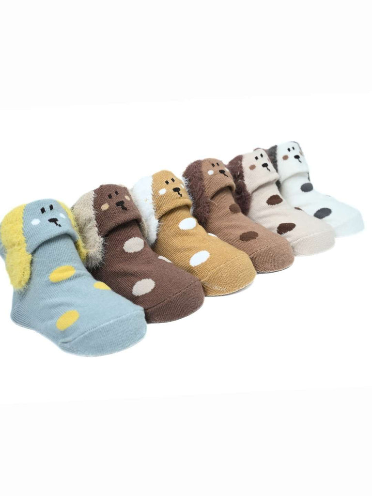 Furry Pals Baby Socks Set – 6-Pair Assortment with Plush Puppy Faces & Anti-Slip Soles-Front & Back View-Angle View