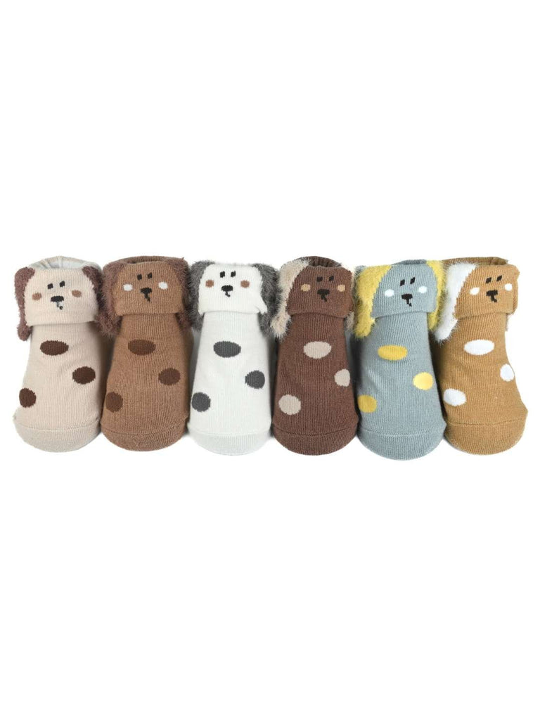 Furry Pals Baby Socks Set – 6-Pair Assortment with Plush Puppy Faces & Anti-Slip Soles-Front & Back View-Full View