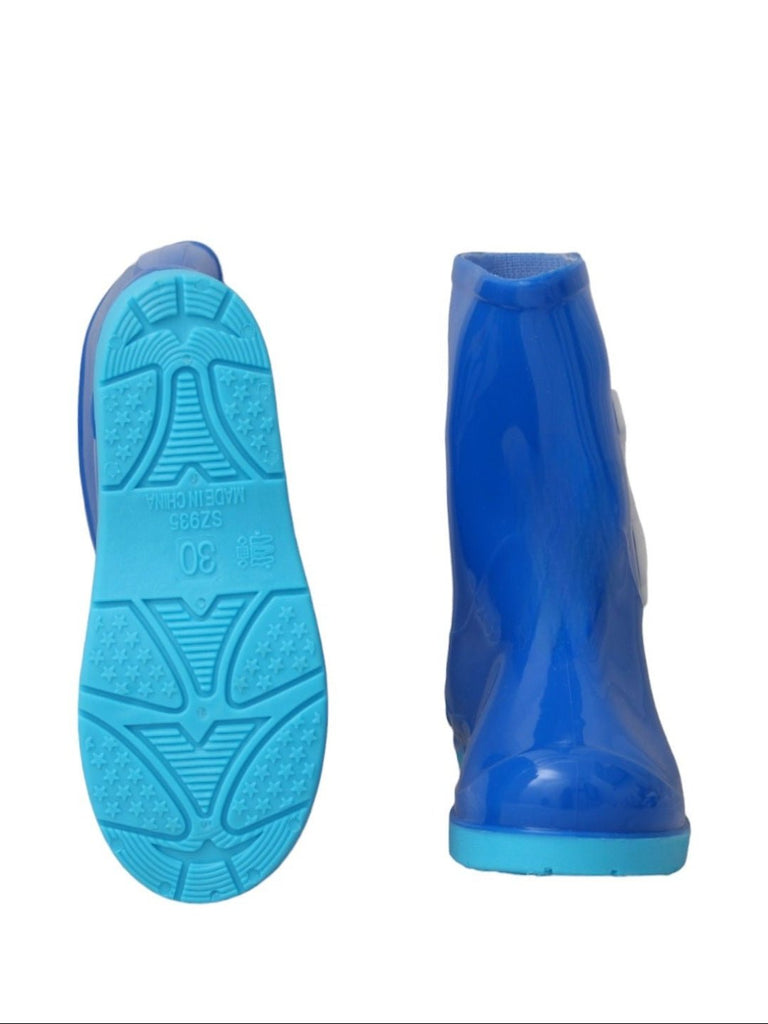 Front and Back View of Galactic Blue Astronaut Rain Boots for Boys