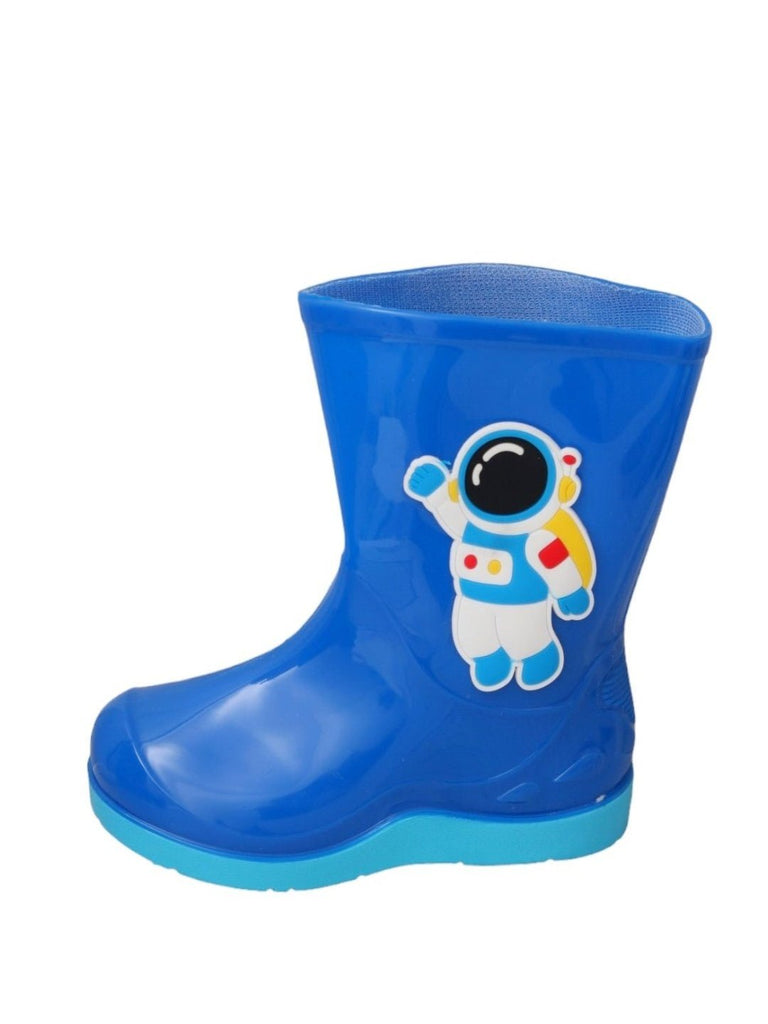 Side View of Galactic Blue Astronaut Rain Boots for Boys Showing Side Profile and Sole