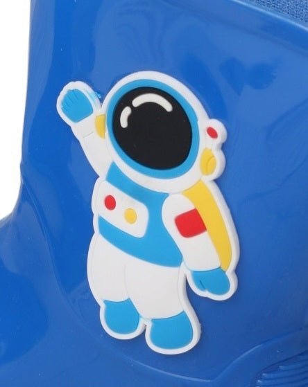 Close-up of Galactic Blue Astronaut Design on Rain Boots for Boys