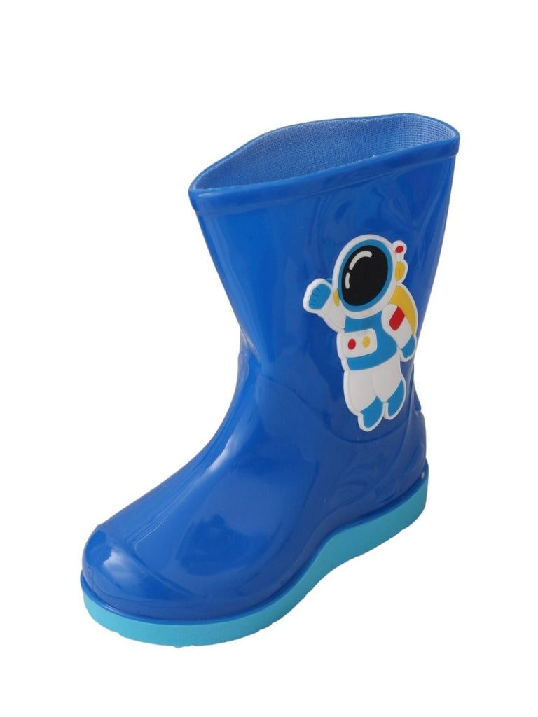 Galactic Blue Astronaut Rain Boots for Boys - Angle View Showing Design