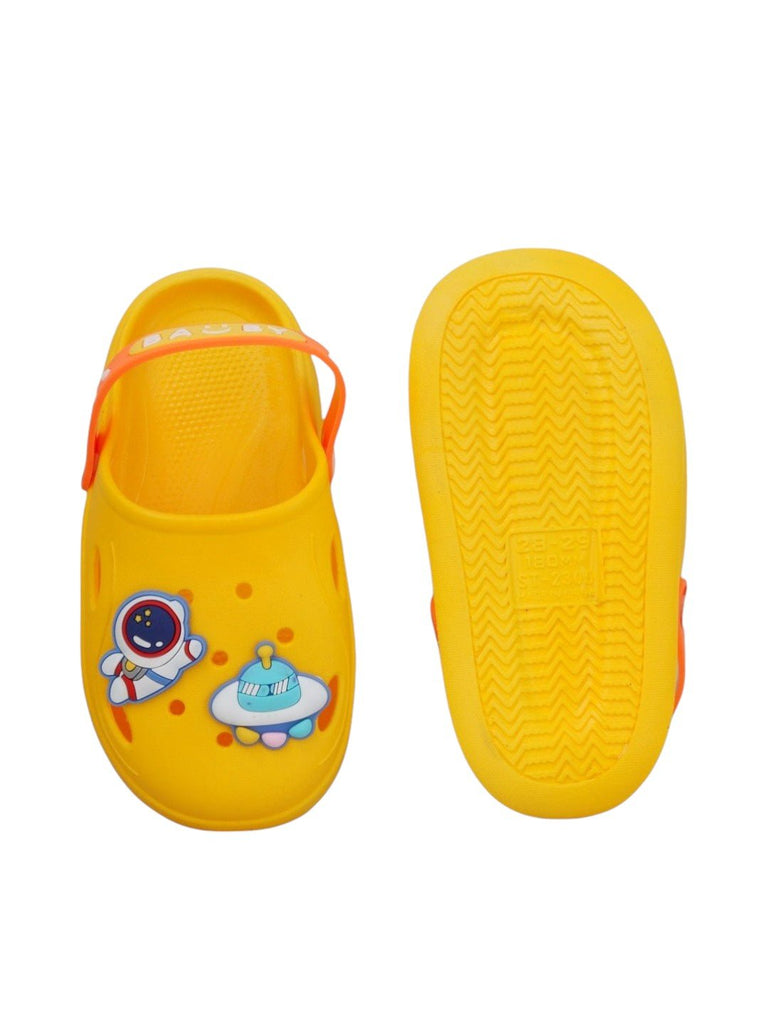 Galactic Explorer Yellow Space Motif Clogs for Kids-front & back view