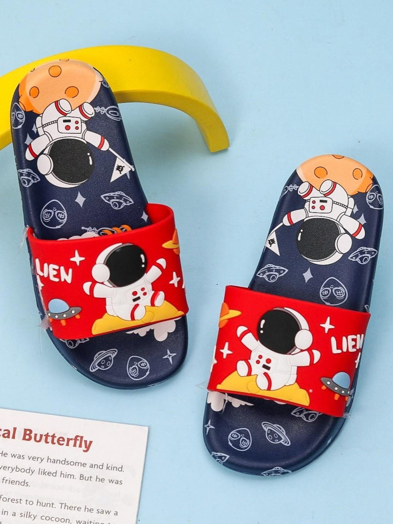 Creative display of Galactic Fun Astronaut Red Slides for Boys with space-themed background.