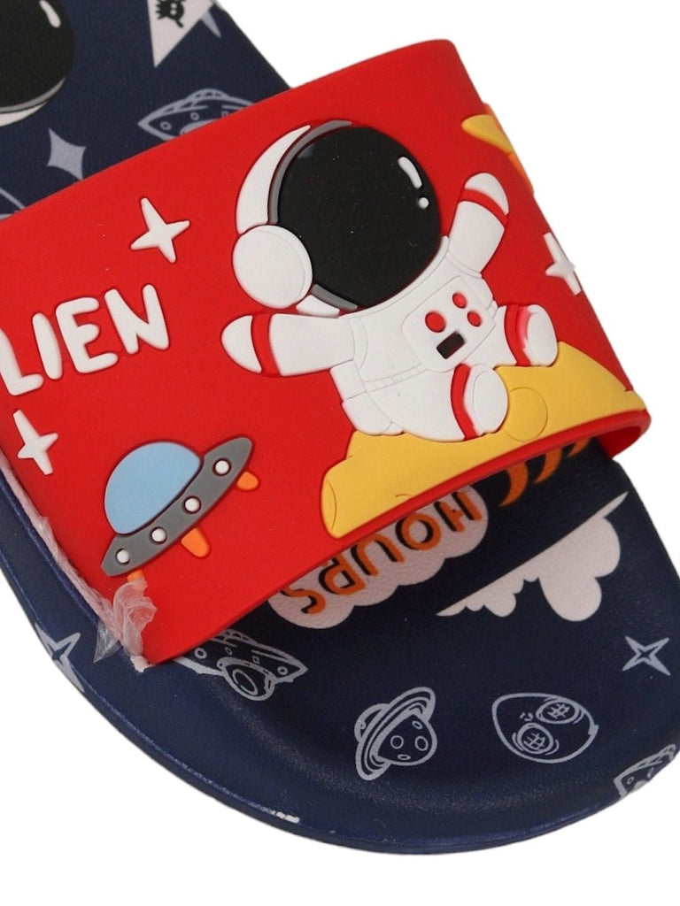 Zoomed-in view of Galactic Fun Astronaut Red Slides for Boys focusing on the astronaut character and vibrant colors.