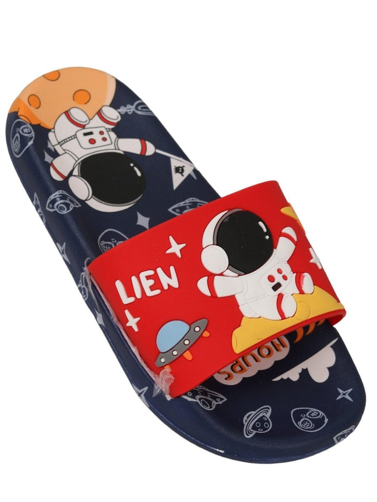 Angle view of Galactic Fun Astronaut Red Slides for Boys featuring astronaut and spaceship design.