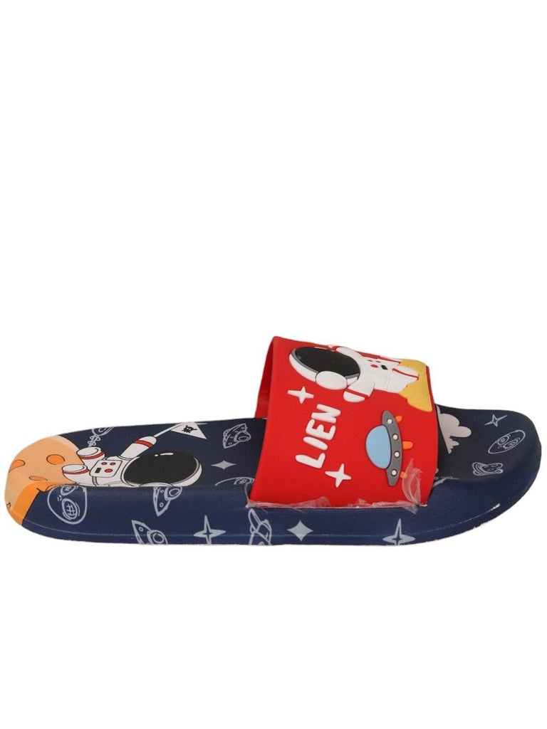 Side view of Galactic Fun Astronaut Red Slides for Boys highlighting the red strap and sole details.