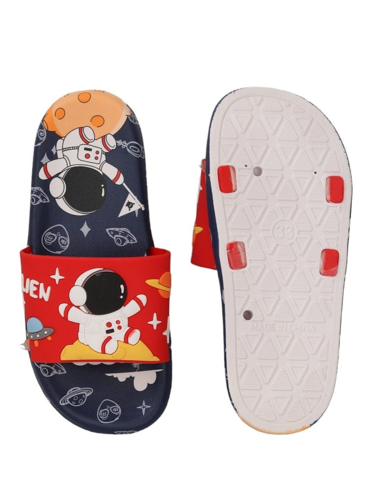 Front and back view of Galactic Fun Astronaut Red Slides for Boys showing detailed astronaut design.