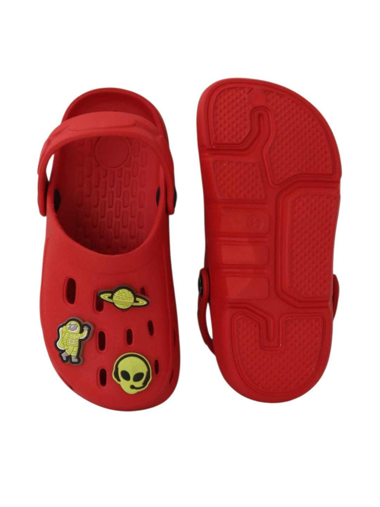 Galactic Fun Glow-in-the-Dark Alien & Space Explorer Charms Clogs for Boys-Red-Front & Back View