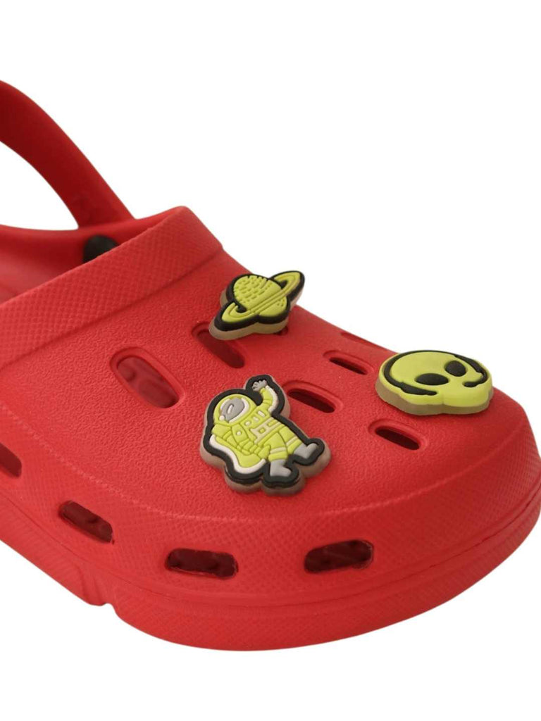 Galactic Fun Glow-in-the-Dark Alien & Space Explorer Charms Clogs for Boys-Red-Close up view
