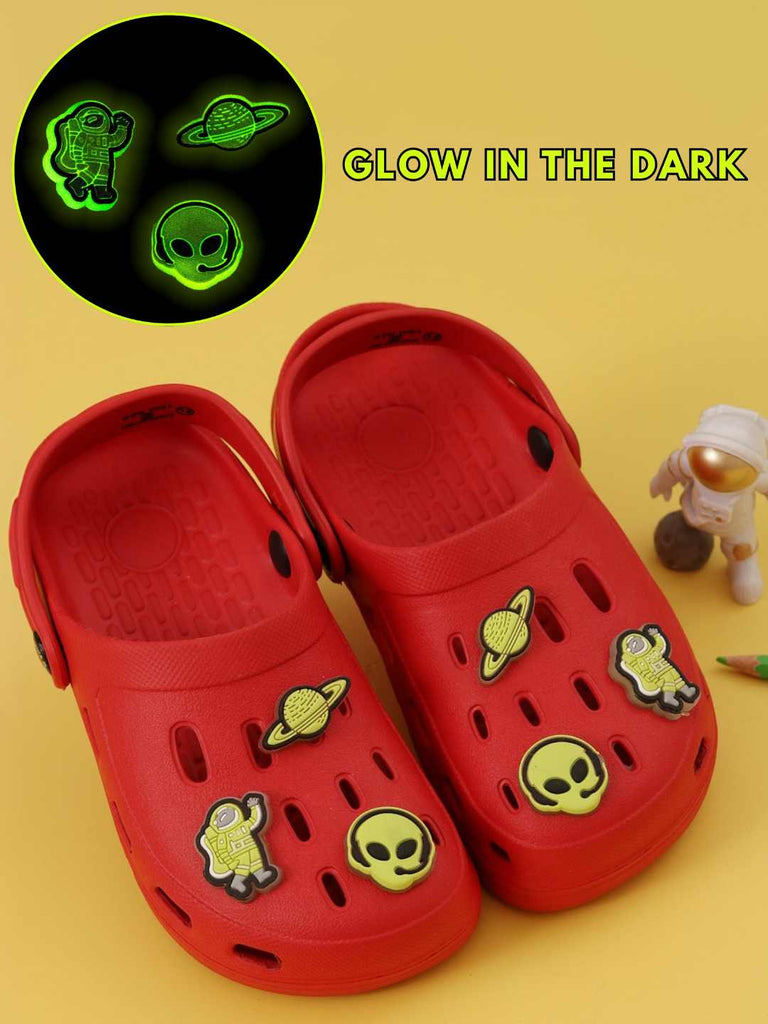 Galactic Fun Glow-in-the-Dark Alien & Space Explorer Charms Clogs for Boys-Red-Creative View