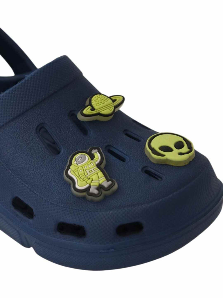 Galactic Glow-in-the-Dark Alien & Space Charms Clogs for Boys- Dark Blue-Close up view