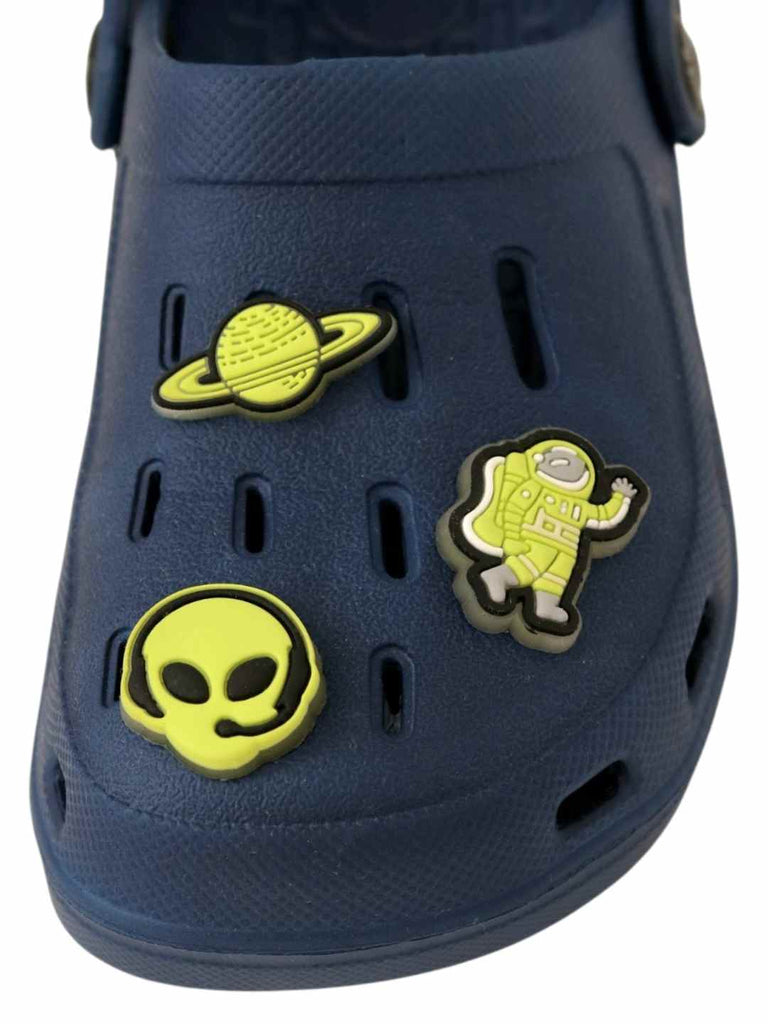 Galactic Glow-in-the-Dark Alien & Space Charms Clogs for Boys- Dark Blue-Front View