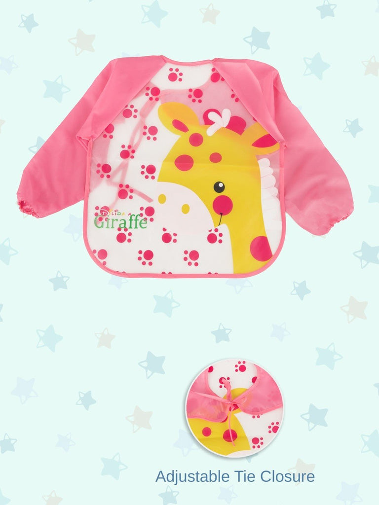 Adjustable tie closure on Giggly Giraffe long-sleeve waterproof baby bib for girls by Yellow Bee."