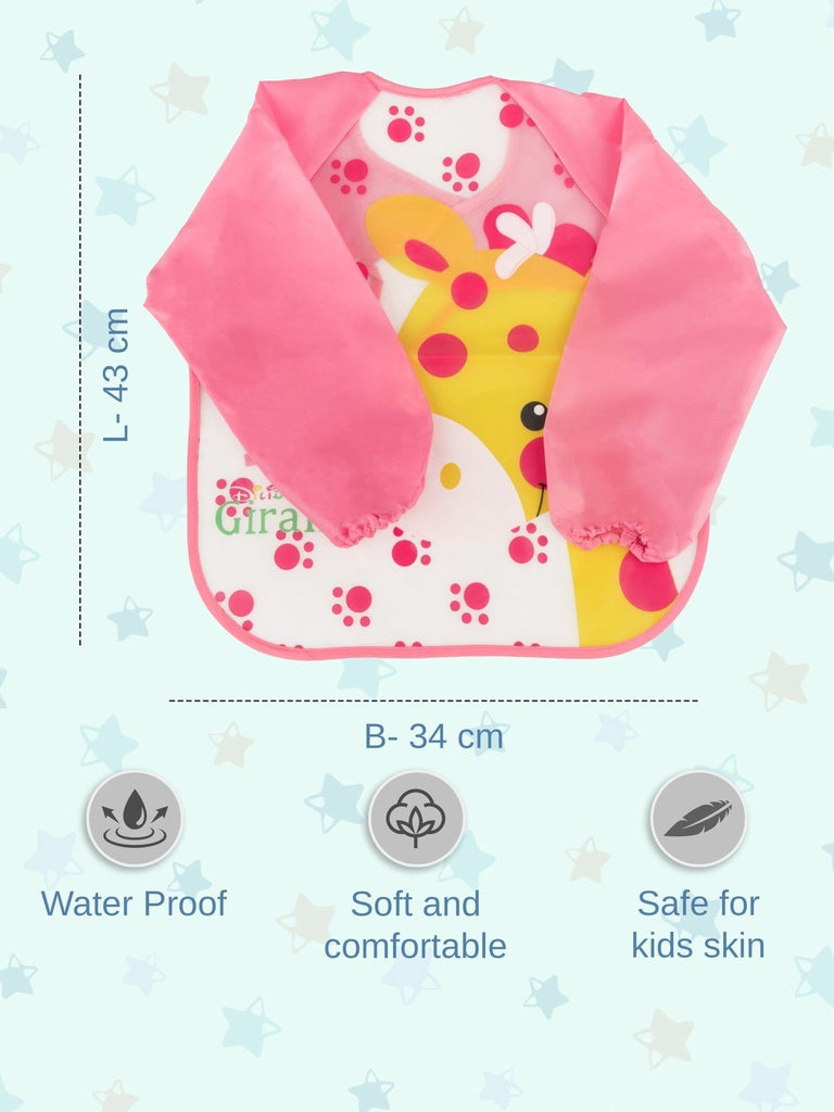 Details and size information of Giggly Giraffe long-sleeve waterproof baby bib for girls by Yellow Bee.