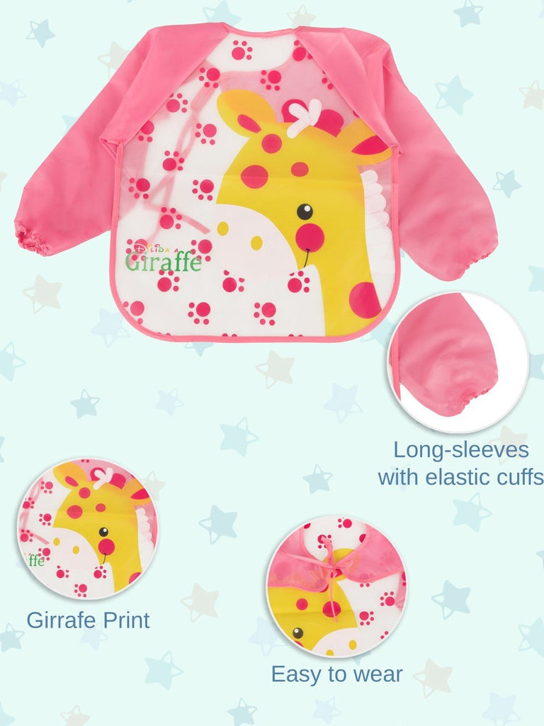 Front view of Giggly Giraffe long-sleeve waterproof baby bib for girls, featuring giraffe print and pink sleeves