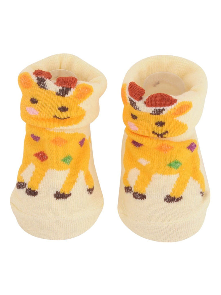 Upper View of Yellow Giraffe Baby Socks with 3D Ears and Colorful Spots
