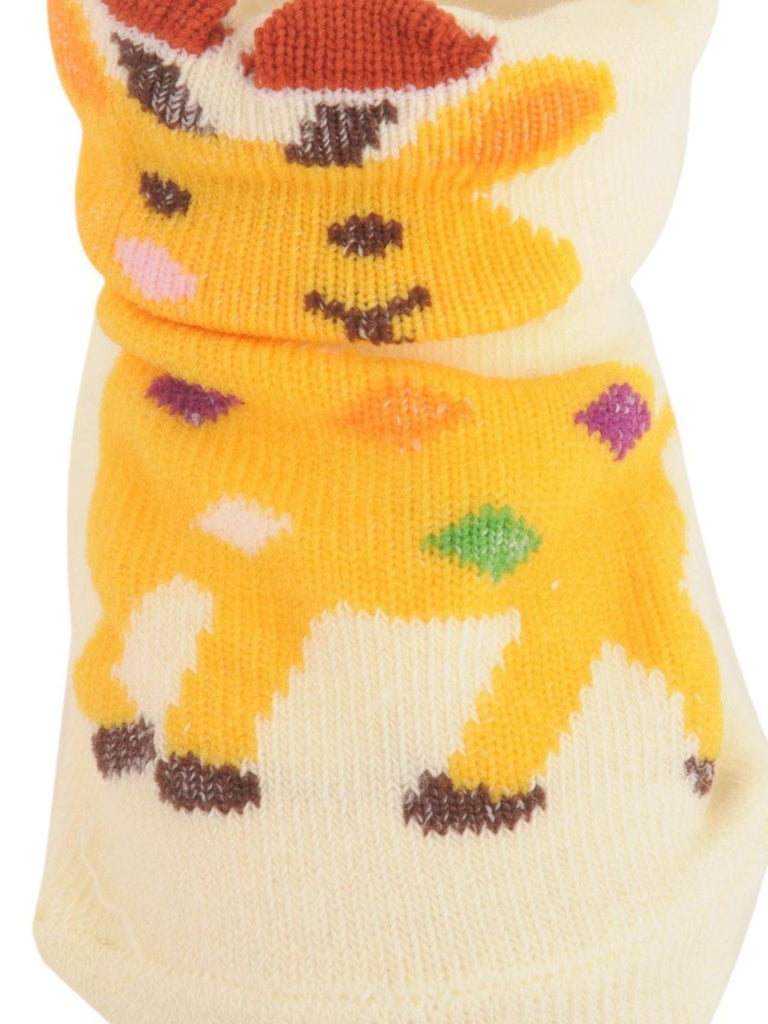 Close-up View of Yellow Giraffe Baby Socks with 3D Ears and Colorful Spots