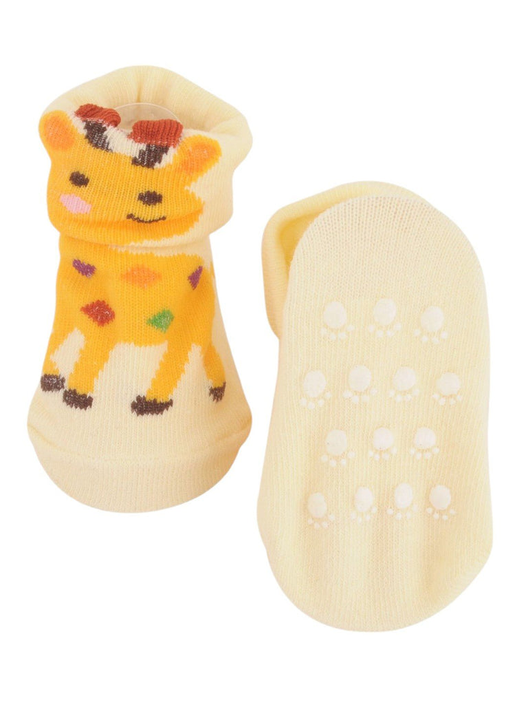 Yellow Giraffe Baby Socks with 3D Ears and Colorful Spots – Full View of Front and Bottom