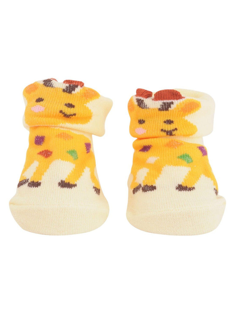 Yellow Giraffe Baby Socks with Colorful Spots – Front View with 3D Ears