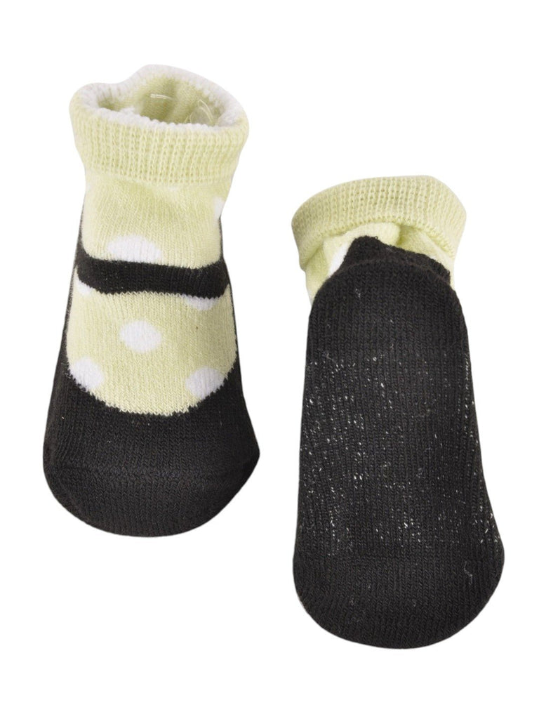 Front and back view of baby’s black and yellow polka dot socks by Yellow Bee.