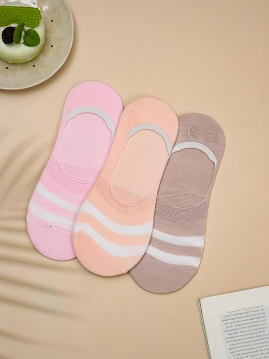 Trio of Yellow Bee Striped Low Cut Invisible Socks in Pink, Peach, and Taupe for Girls.
