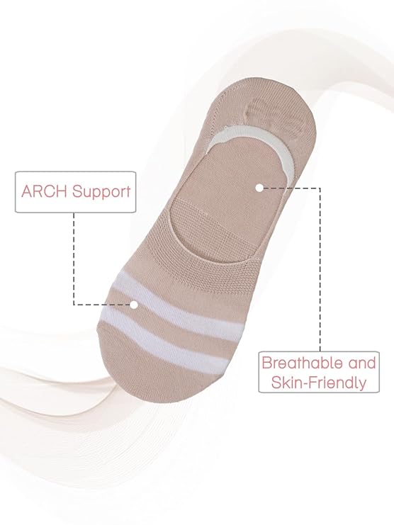 Yellow Bee Taupe Striped Invisible Sock Highlighting Arch Support and Breathability.
