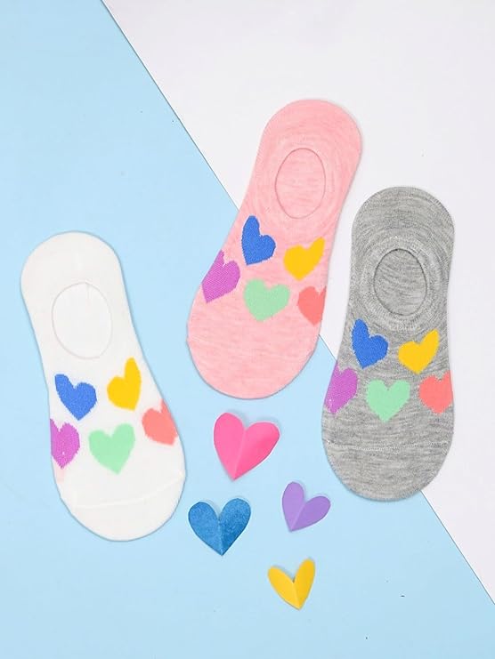 Set of Yellow Bee Multicolored Hearts Low Cut Invisible Socks for Girls in Pink, White, and Grey.