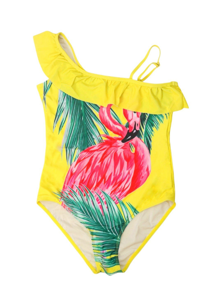 Girls' Flamingo Ruffle Sleeve One-Piece Swimsuit For Girls-front view