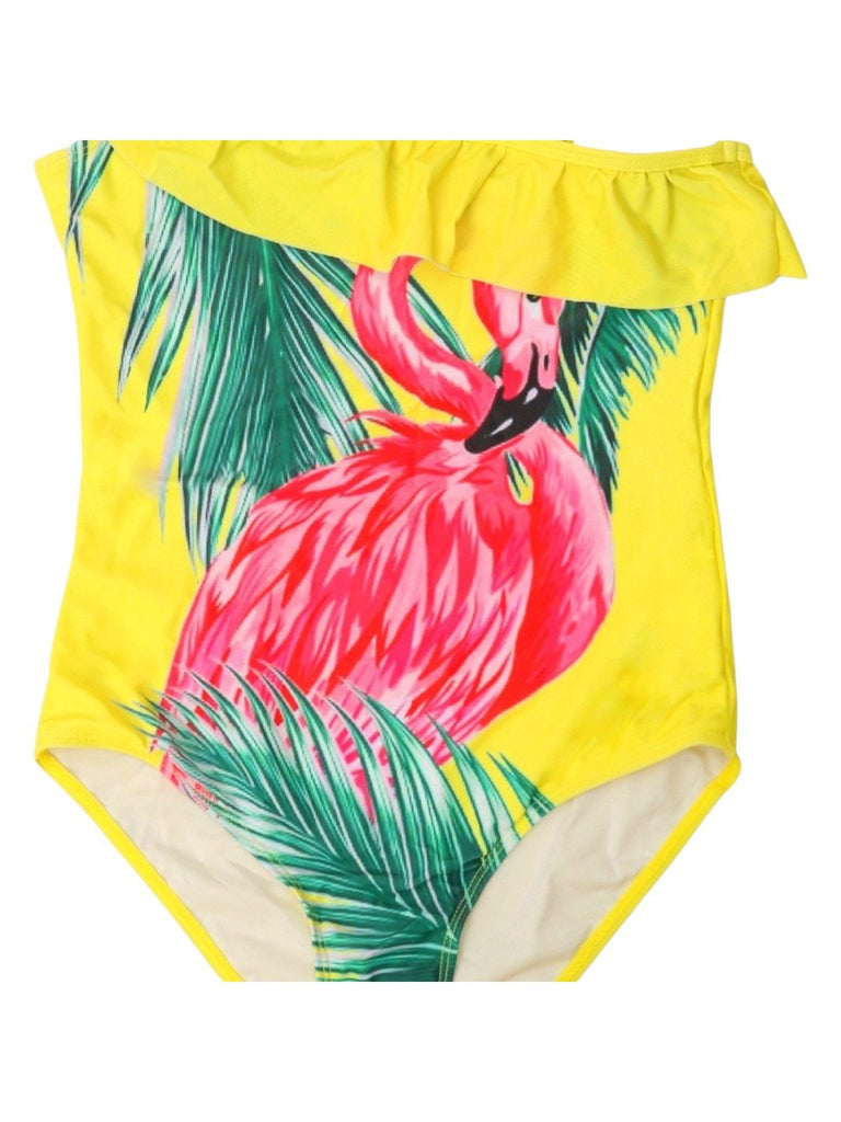 Girls' Flamingo Ruffle Sleeve One-Piece Swimsuit For Girls-close up view