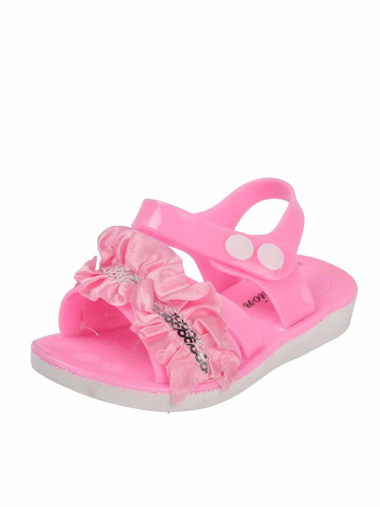 Girls' Glamorous Pink Ruffled Sandals with Sparkling Sequins and Adjustable Strap-Angle View