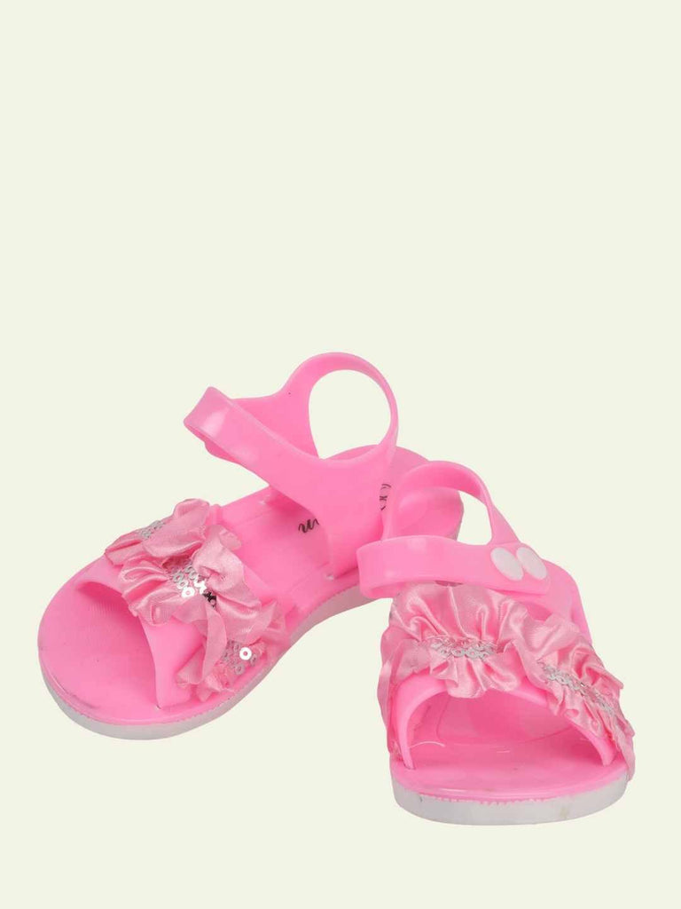 Girls' Glamorous Pink Ruffled Sandals with Sparkling Sequins and Adjustable Strap-Creative View