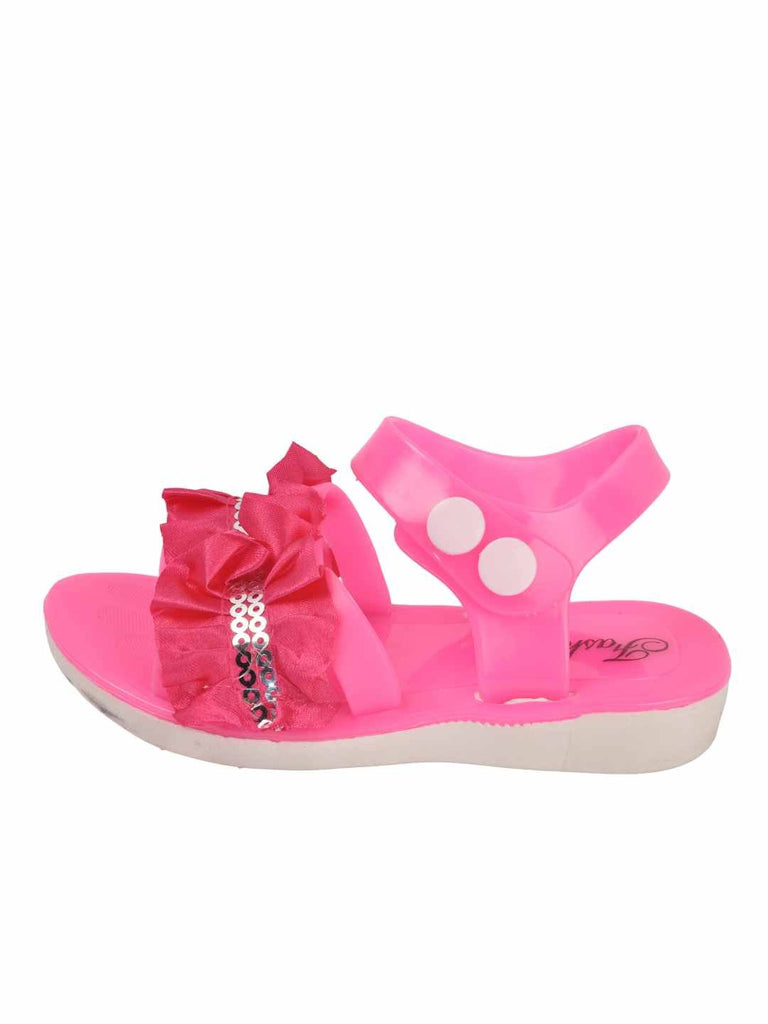 Girls' Glamorous Pink Sandals with Red Satin Ruffles and Sequins-Side View