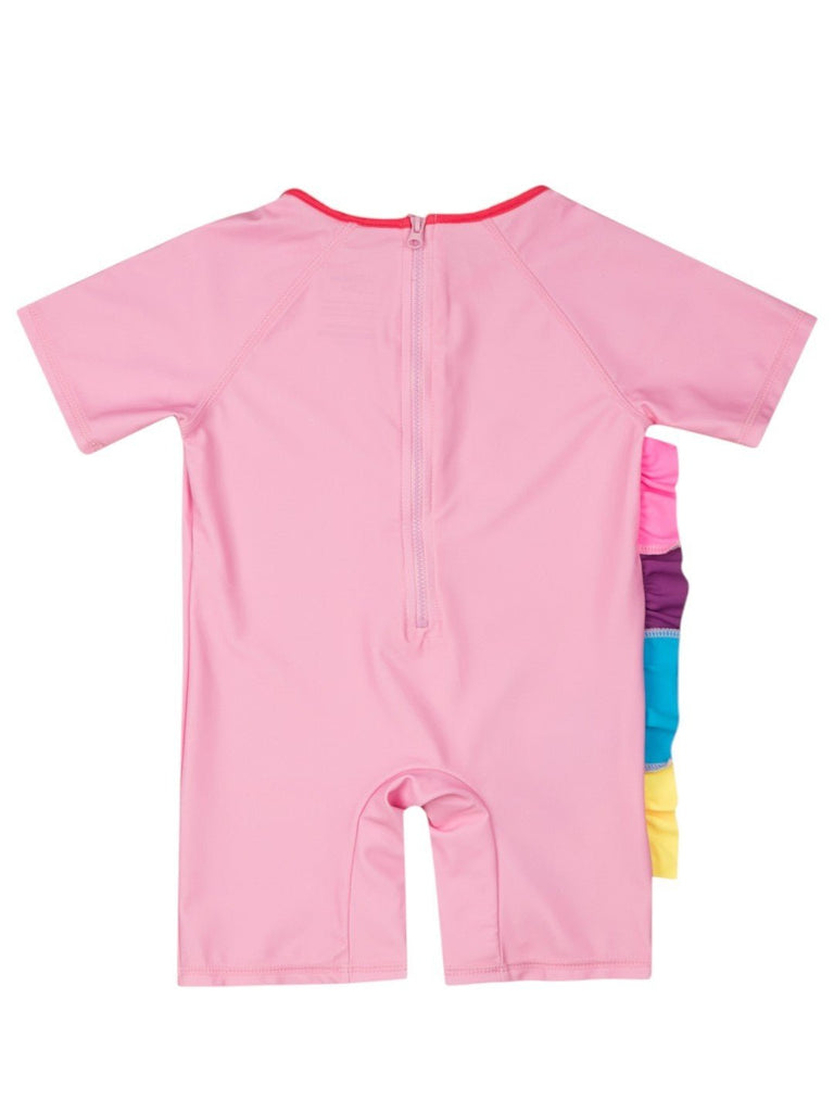 Girls’ Pink Magical Unicorn One-Piece Swimsuit – Rainbow Mane Design-Back View