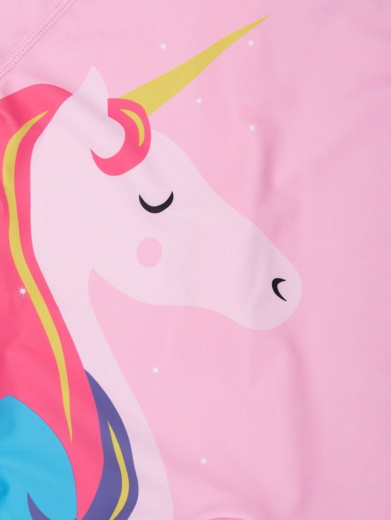 Girls’ Pink Magical Unicorn One-Piece Swimsuit – Rainbow Mane Design-Showing Design