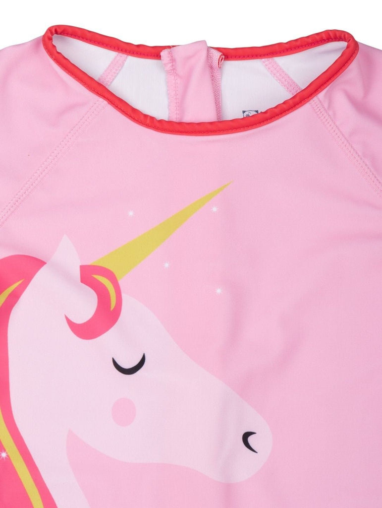 Girls’ Pink Magical Unicorn One-Piece Swimsuit – Rainbow Mane Design-Front Close Up View