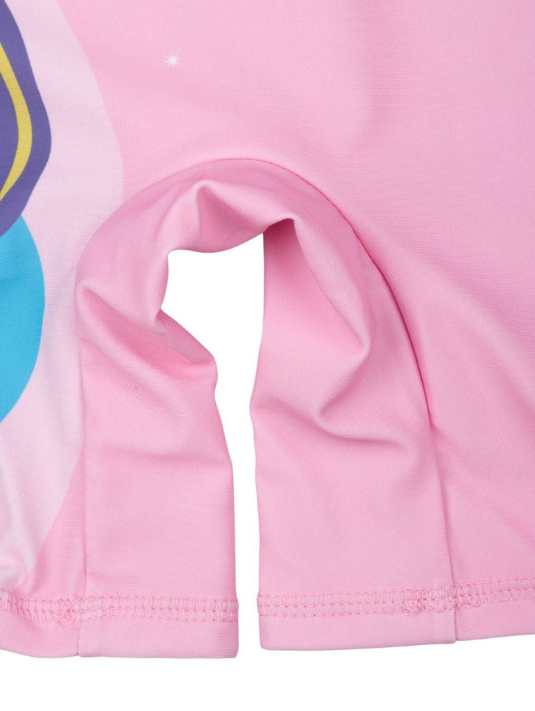 Girls’ Pink Magical Unicorn One-Piece Swimsuit – Rainbow Mane Design-Bottom Close Up View