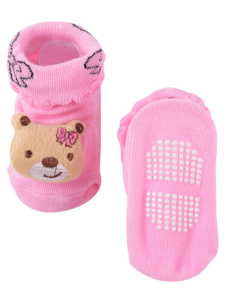 Girls' Pink Bear-Themed Socks with Ruffle Trim and Embroidered Details front and back  detail view