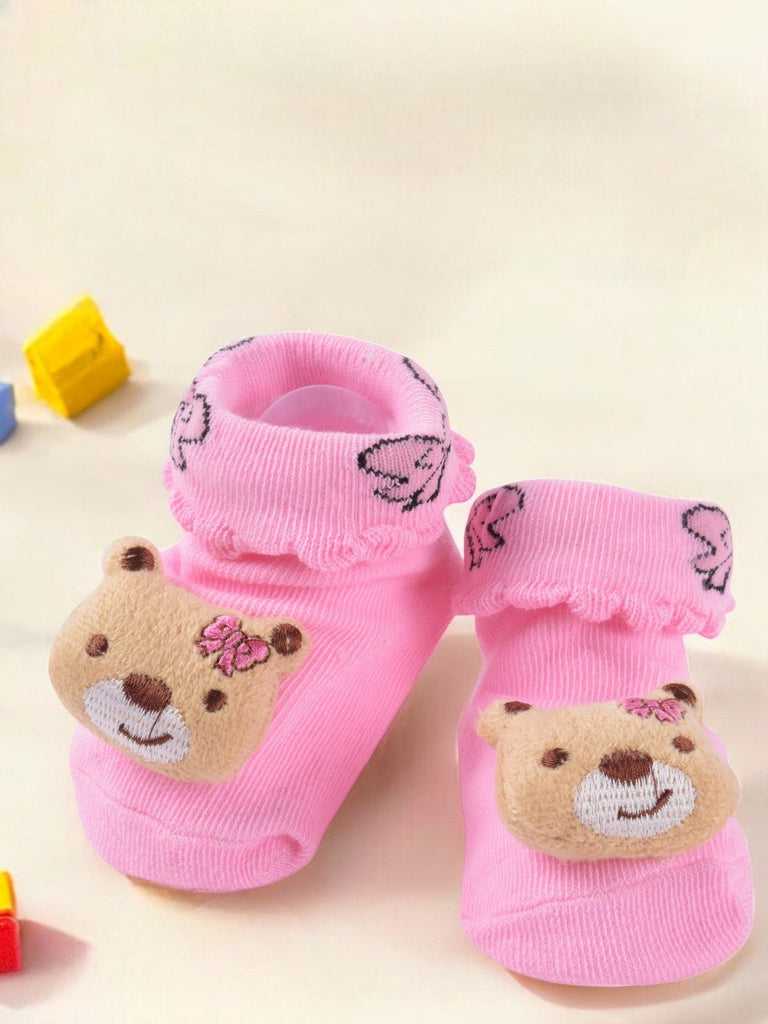 Girls' Pink Bear-Themed Socks with Ruffle Trim and Embroidered Details creative view