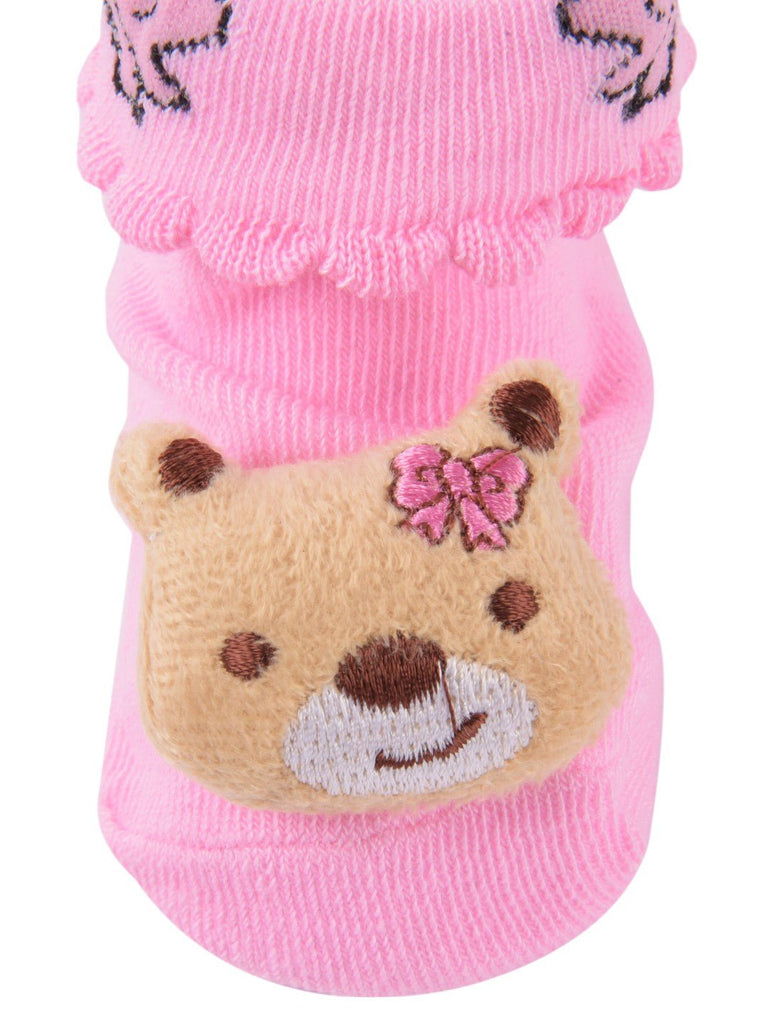 Girls' Pink Bear-Themed Socks with Ruffle Trim and Embroidered Details zoom view