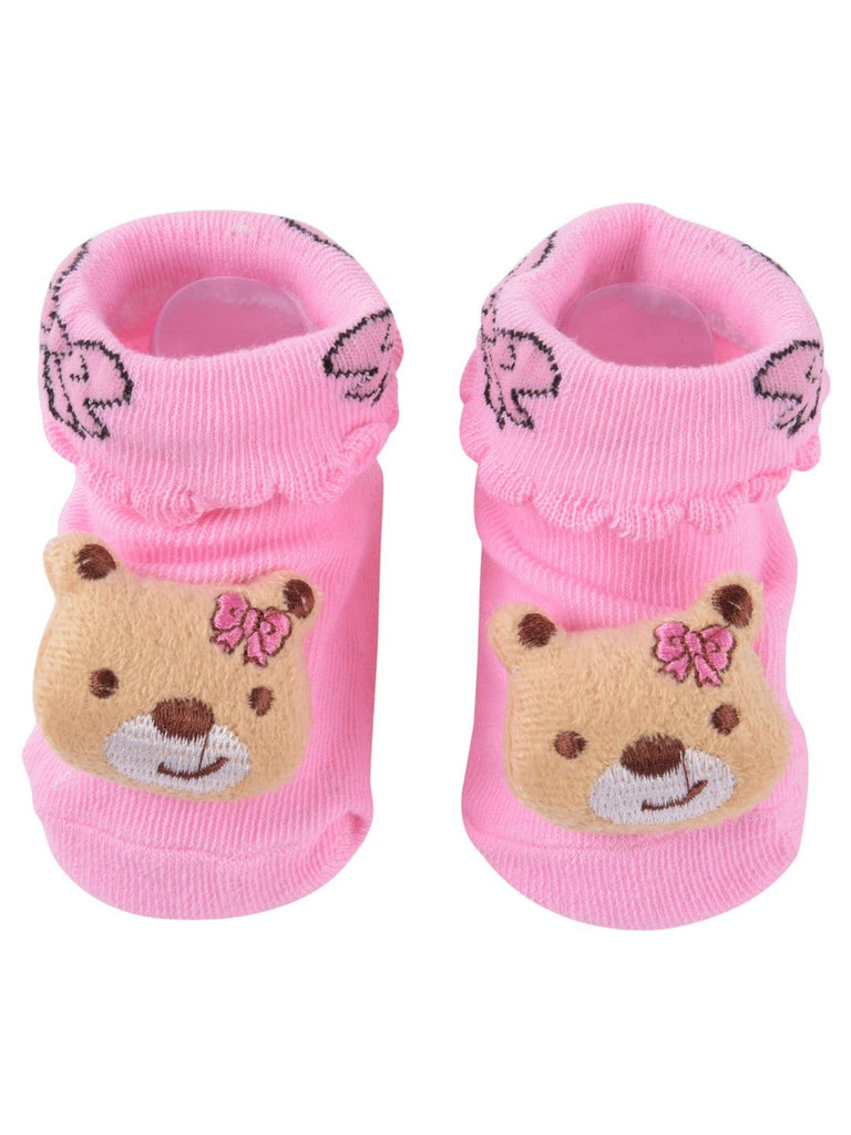 Girls' Pink Bear-Themed Socks with Ruffle Trim and Embroidered Details front view