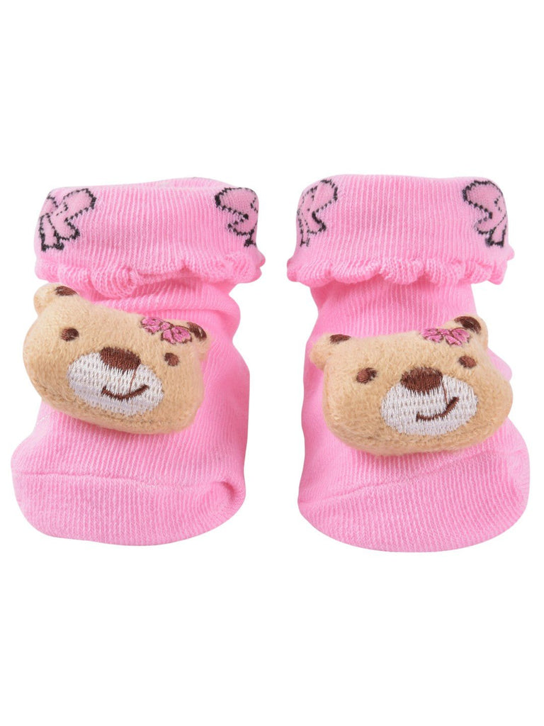 Girls' Pink Bear-Themed Socks with Ruffle Trim and Embroidered Details front detail view