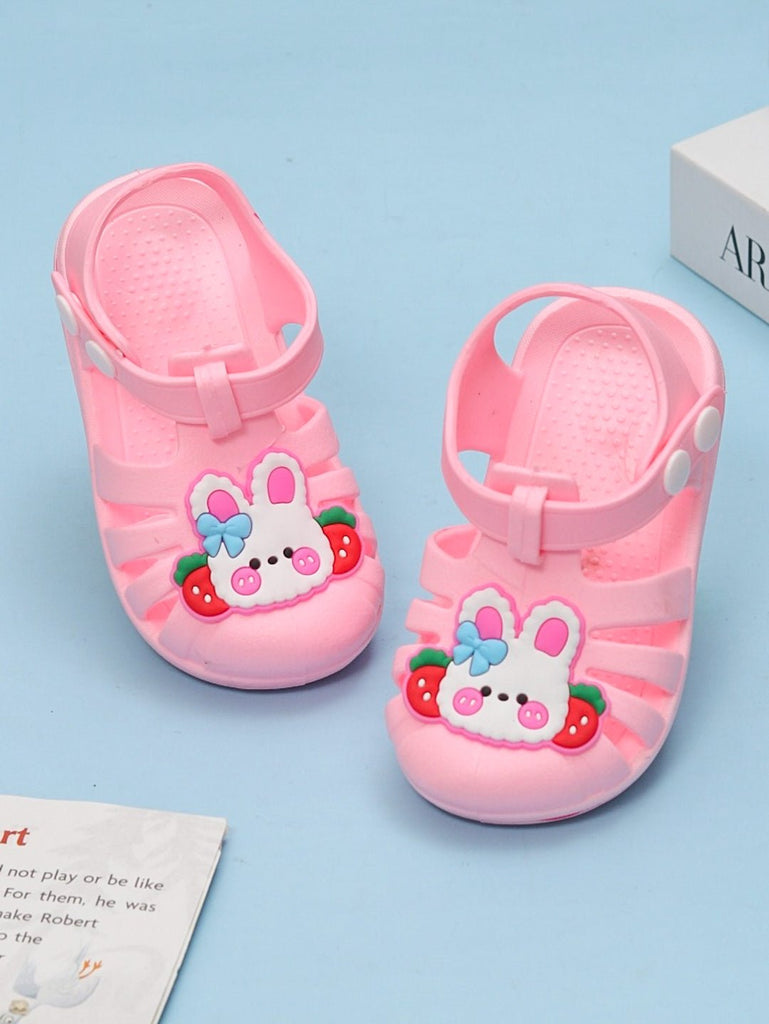 Creative display of Girls' Pink Bunny and Strawberry Strap Sandals by Yellow Bee