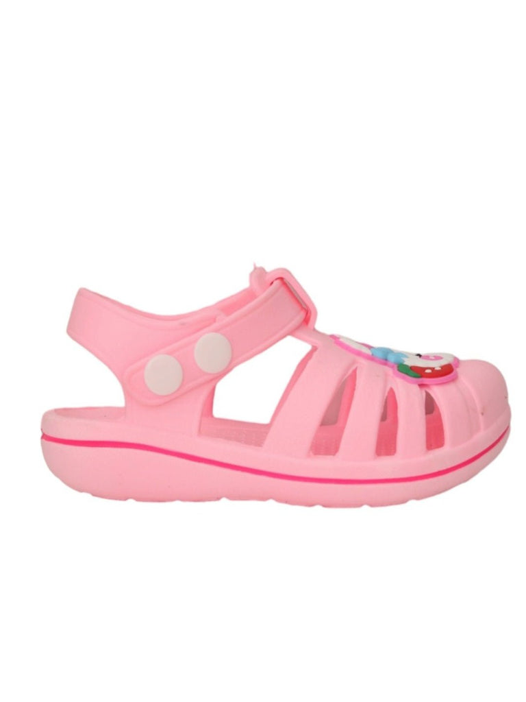 Side view of Girls' Pink Bunny and Strawberry Strap Sandals by Yellow Bee