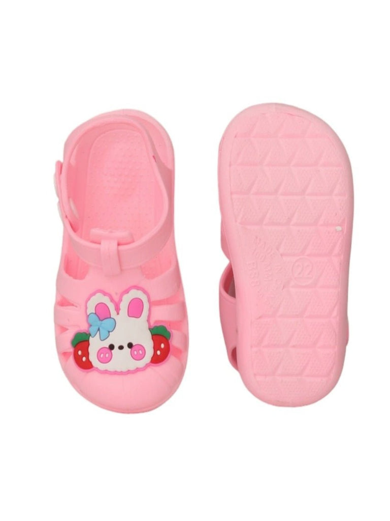 Front and back view of Girls' Pink Bunny and Strawberry Strap Sandals by Yellow Bee