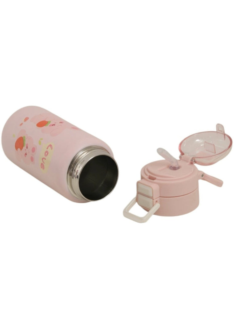 Girls’ Pink Insulated Hot & Cold Stainless Steel Water Bottle Flask with Bunny Design-Open View