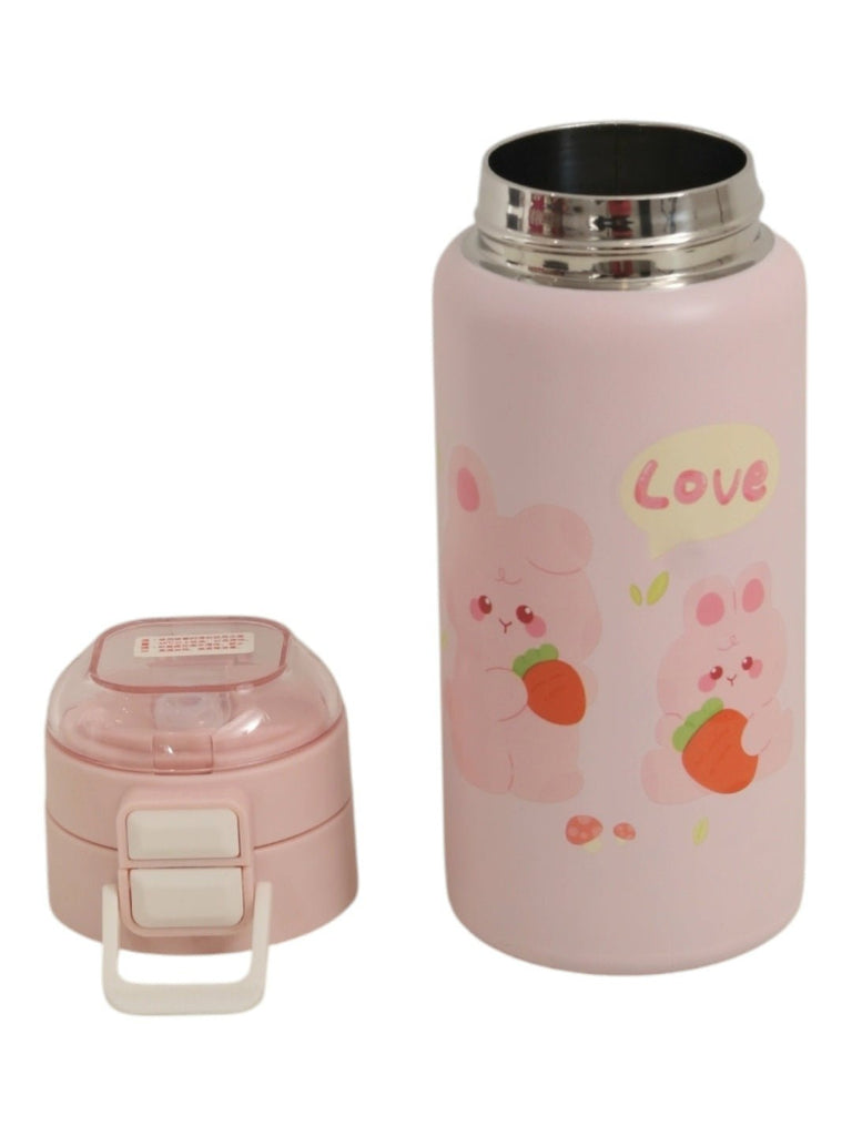 Girls’ Pink Insulated Hot & Cold Stainless Steel Water Bottle Flask with Bunny Design-Full View