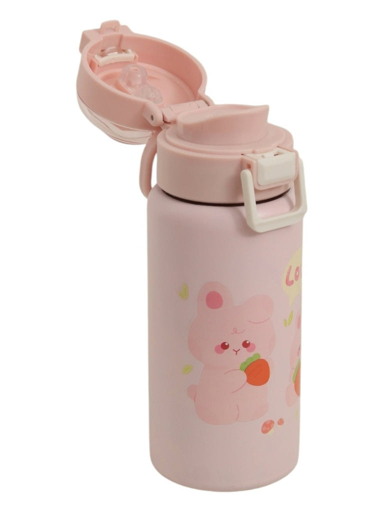 Girls’ Pink Insulated Hot & Cold Stainless Steel Water Bottle Flask with Bunny Design-lid View