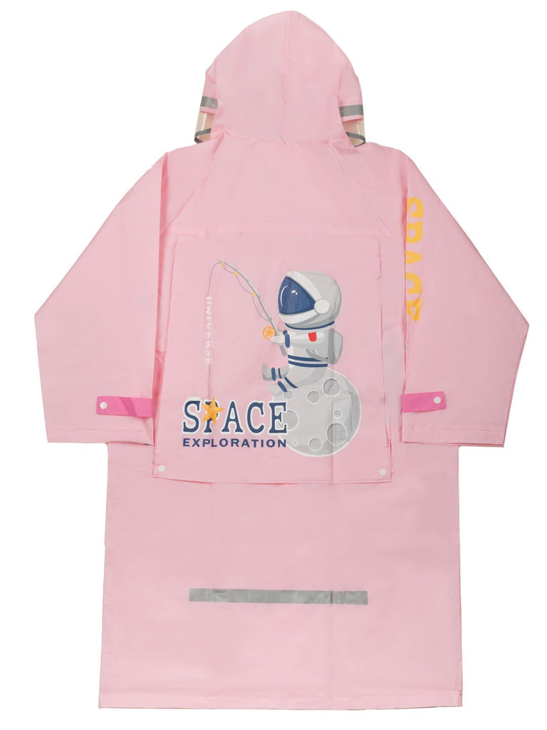 Back view of Yellow Bee girls' pink raincoat with space-themed graphics and adjustable hood.